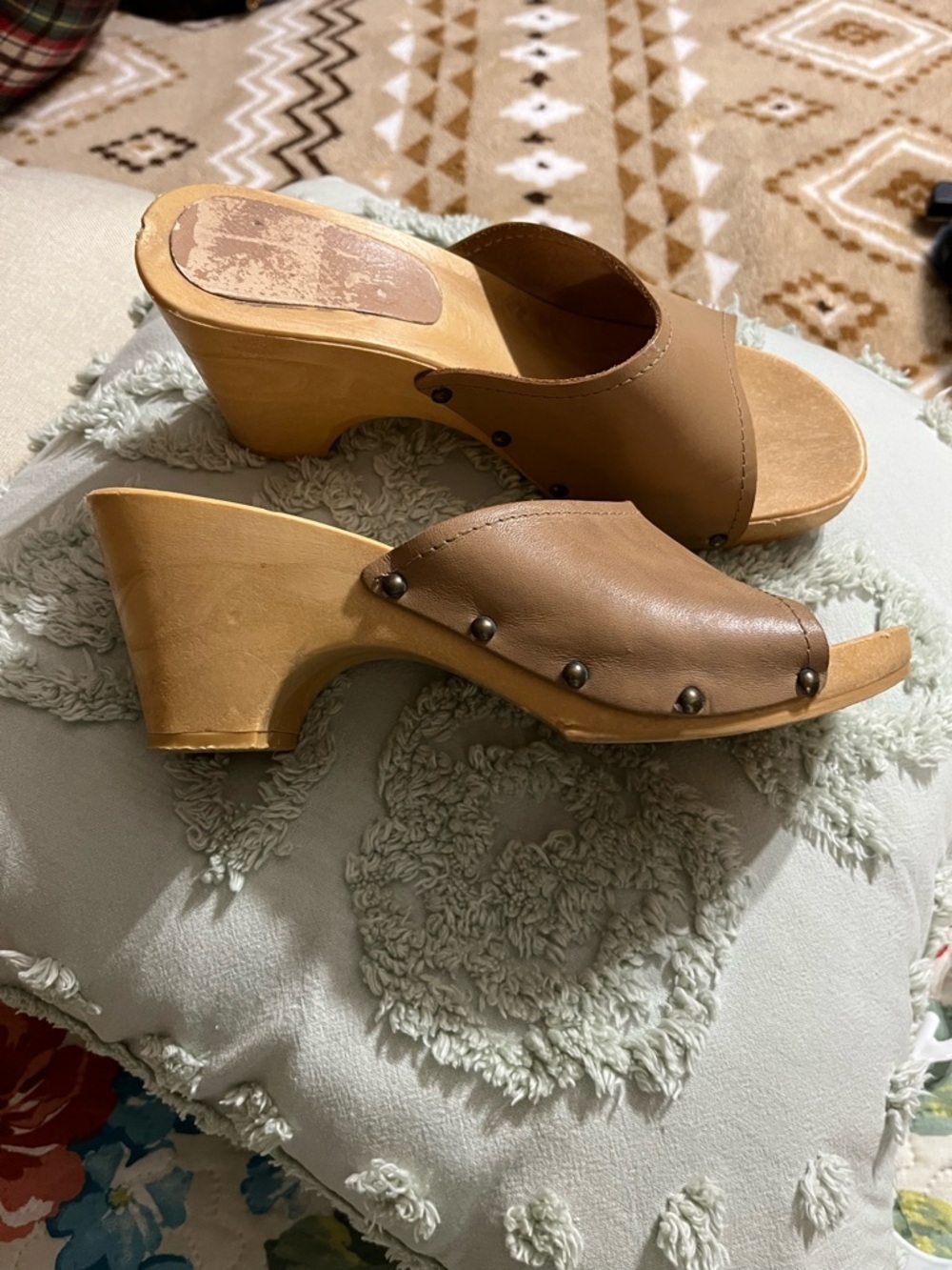 Women's Brown Leather Clog Heels - Slip-On Open Toe